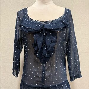 Abercrombie & Fitch Navy Ruffle Polka Dot Blouse